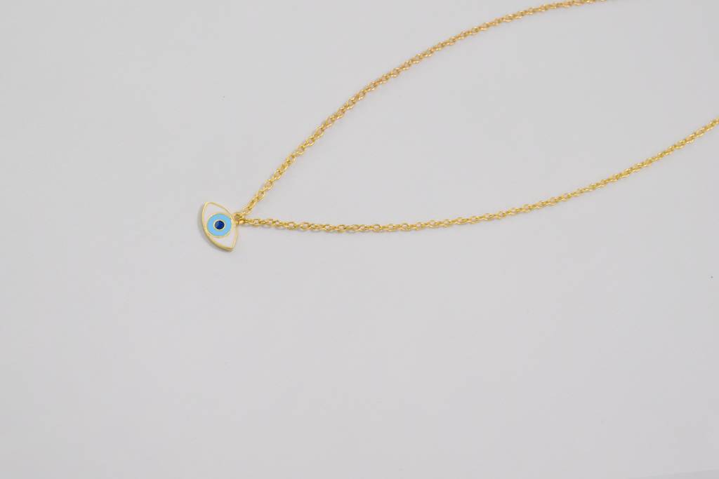 22kt Gold Plated White and Light Blue Evil Eye Enamelled Necklace