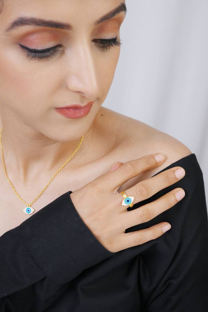 22kt Gold Plated White and Light Blue Evil Eye Enamel Adjustable Ring