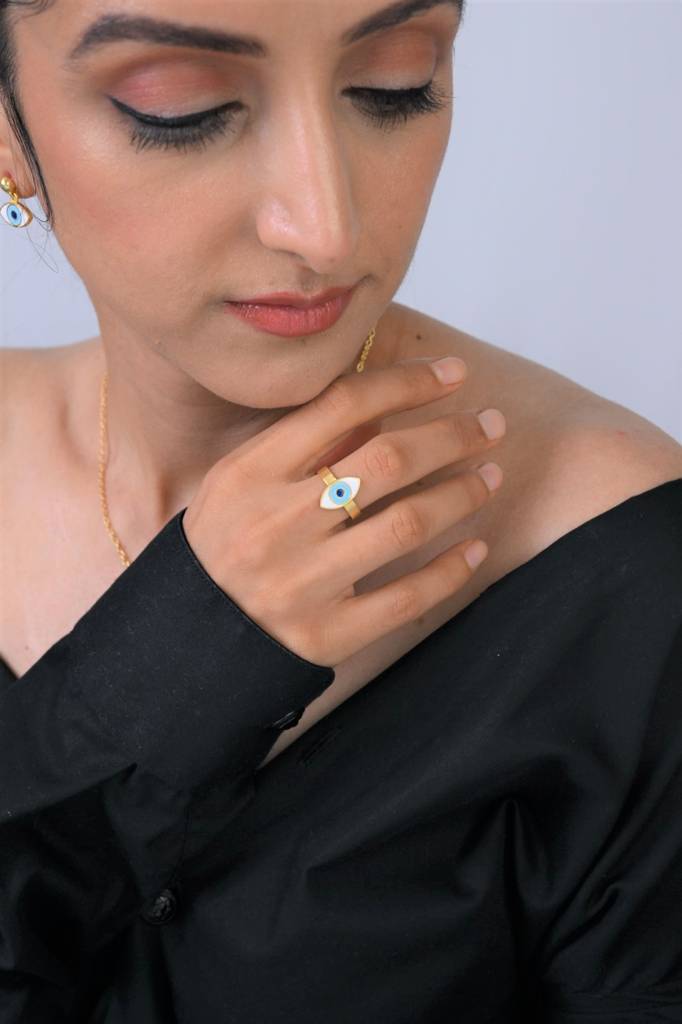 22kt Gold Plated White and Light Blue Evil Eye Enamel Adjustable Ring