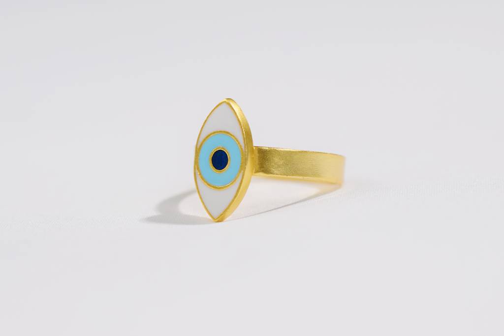 22kt Gold Plated White and Light Blue Evil Eye Enamel Adjustable Ring