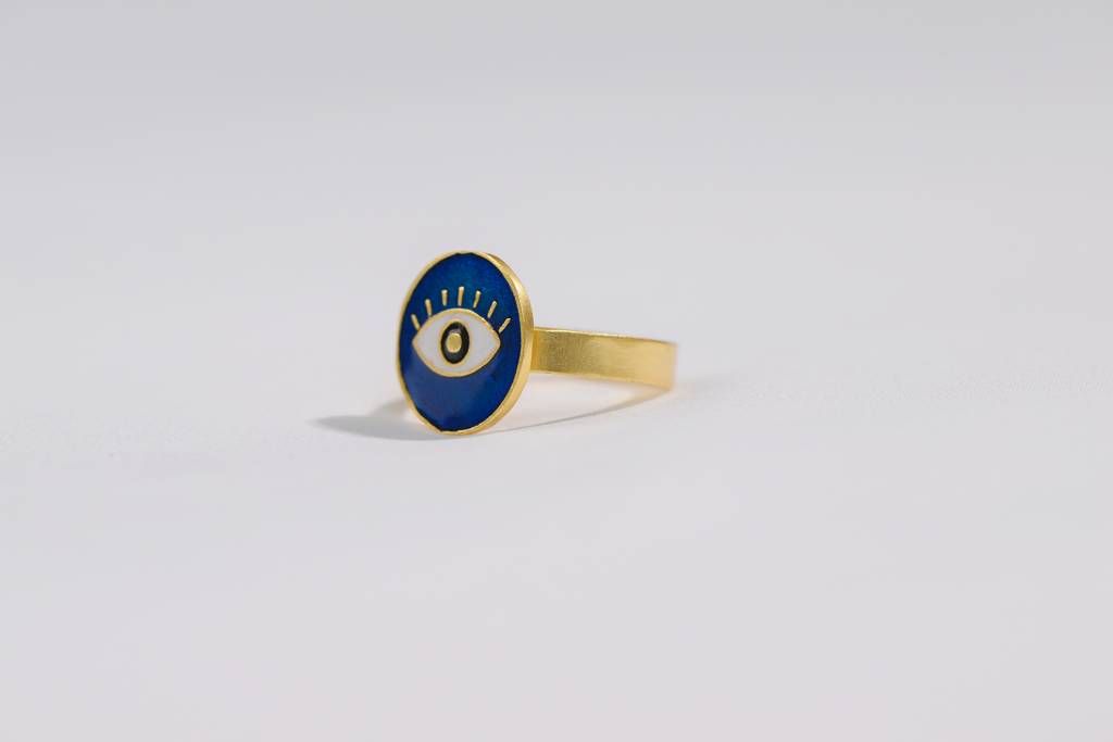 22kt Gold Plated Round Evil Eye Enamel Adjustable Ring