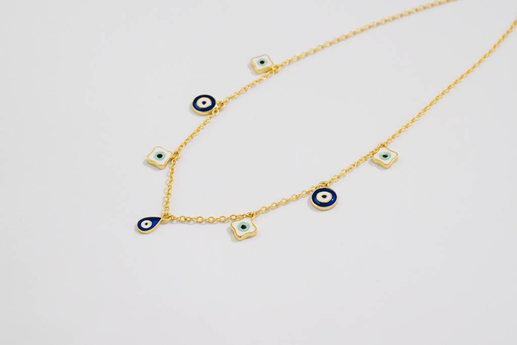 22kt Gold Plated Enamel Evil Eye Multi Charm Necklace