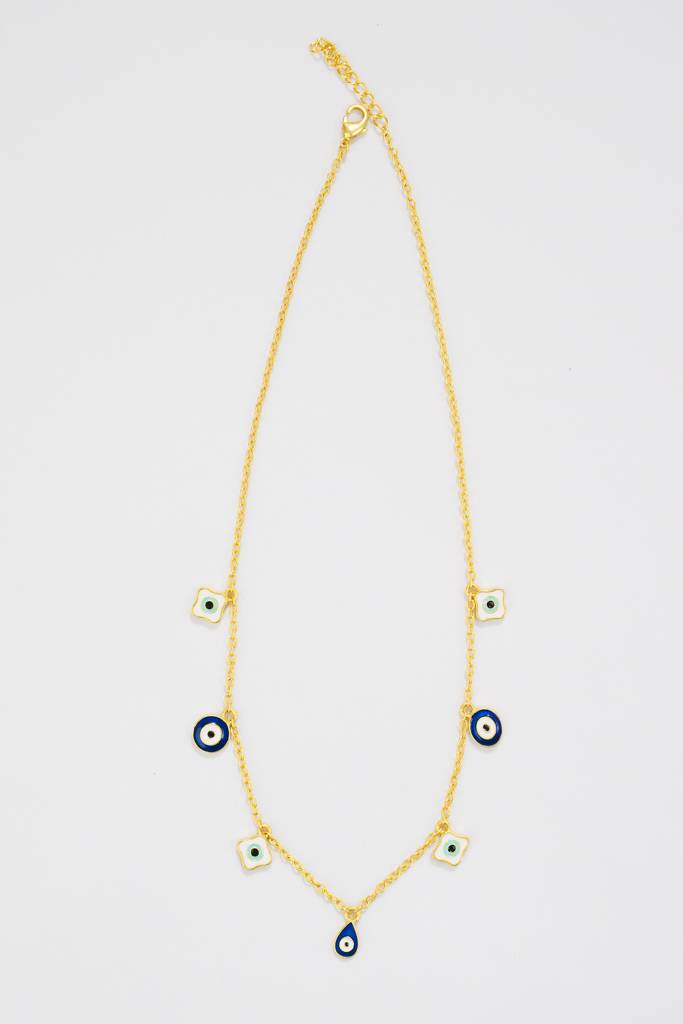 22kt Gold Plated Enamel Evil Eye Multi Charm Necklace