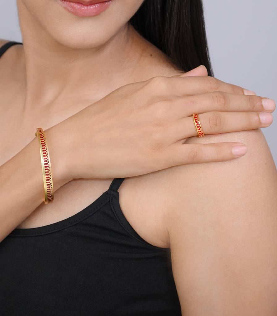 22Kt Gold Plated Red Enamel Engraved Adjustable Ring