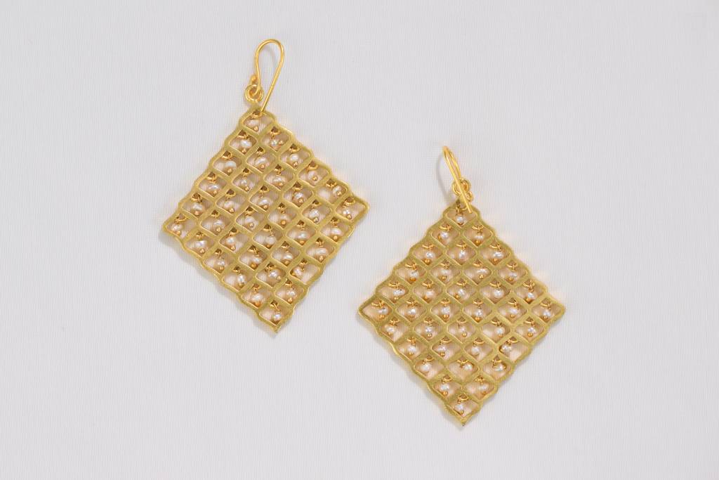 22Kt Gold Plated Jharokha Moti Jaal Long Square Earrings