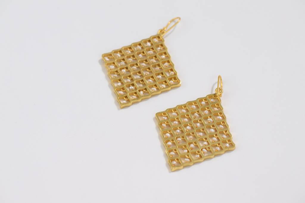 22Kt Gold Plated Jharokha Moti Jaal Long Square Earrings