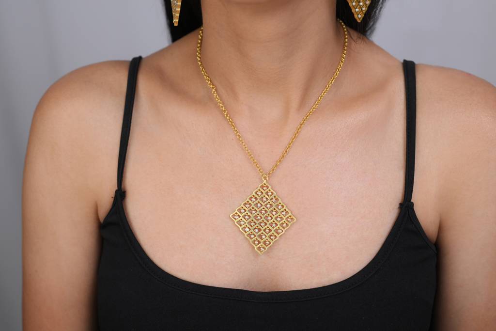 22Kt Gold Plated Jharokha Moti Jaal Long Square Necklace