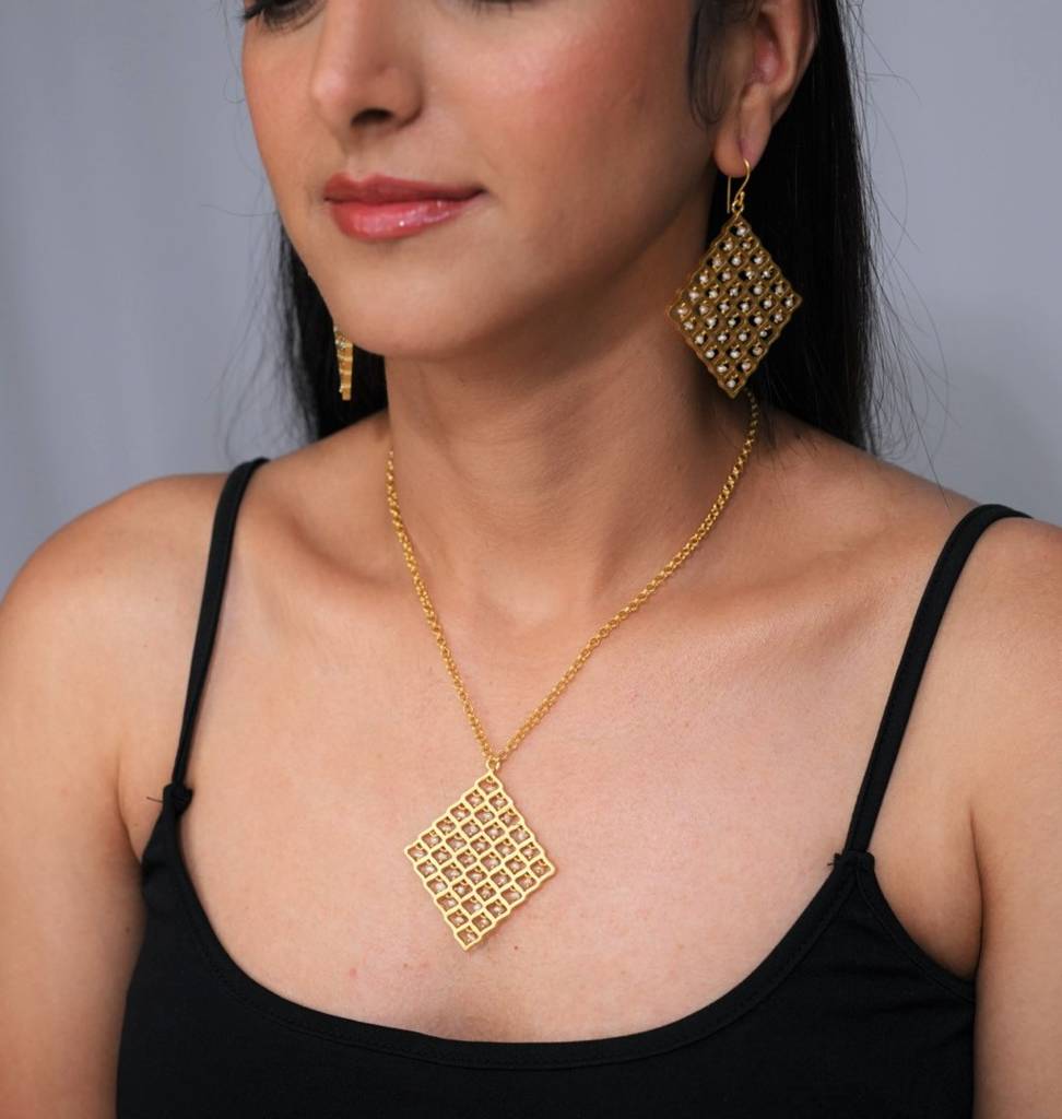22Kt Gold Plated Jharokha Moti Jaal Long Square Necklace