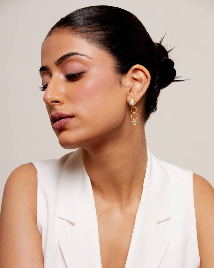 22Kt Gold Plated  Pearl and Blue Topaz Studded Drop Earring
