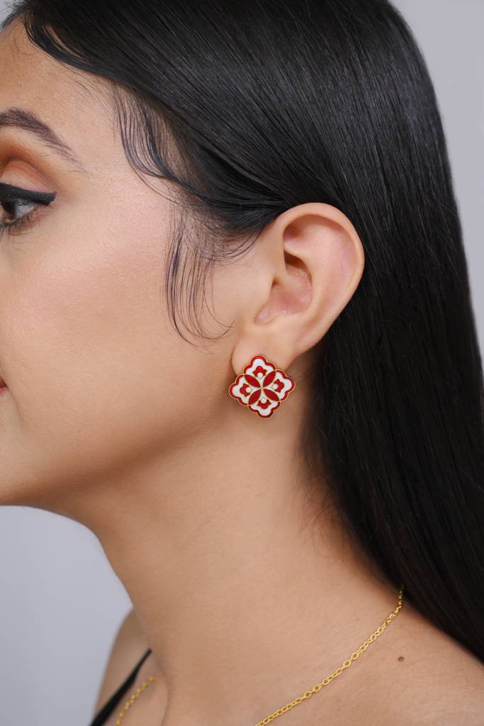22Kt Gold Plated White and Red Enamel Blossom Earrings