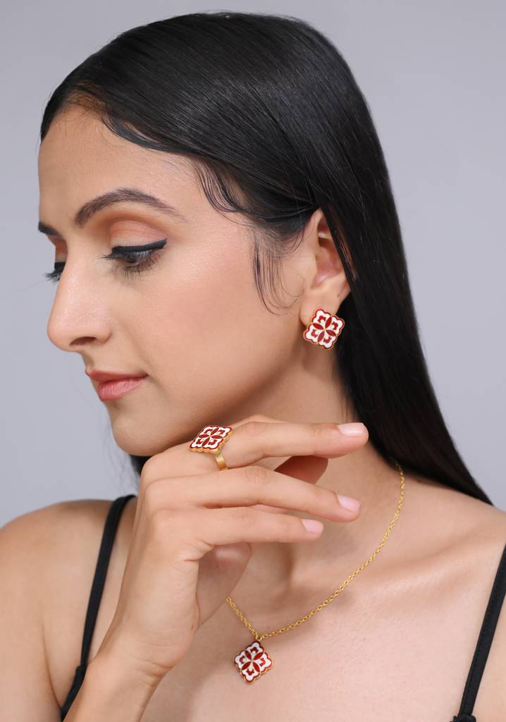 22Kt Gold Plated White and Red Enamel Blossom Earrings