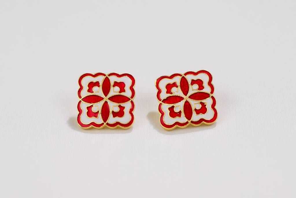 22Kt Gold Plated White and Red Enamel Blossom Earrings