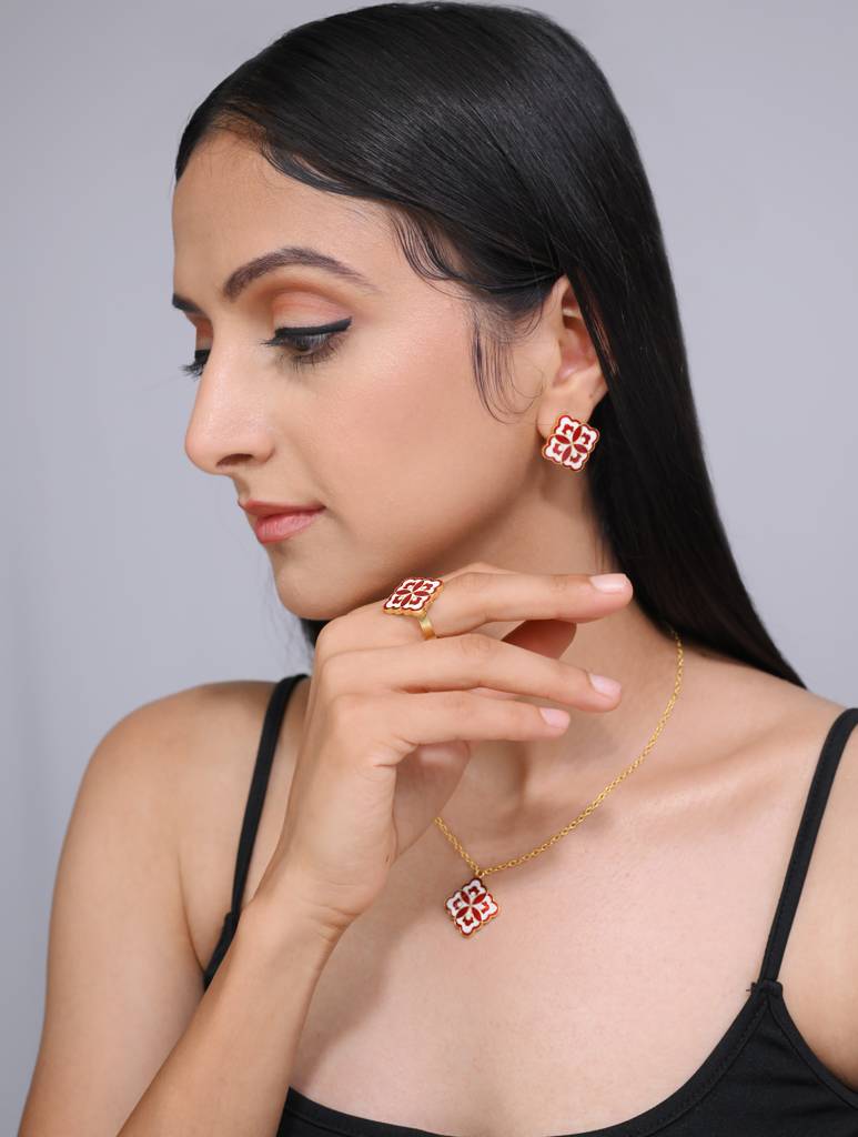 22Kt Gold Plated White and Red Enamel Blossom Necklace