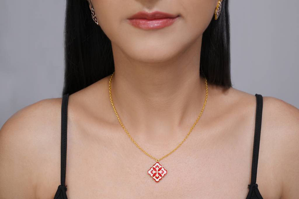 22Kt Gold Plated White and Red Enamel Blossom Necklace
