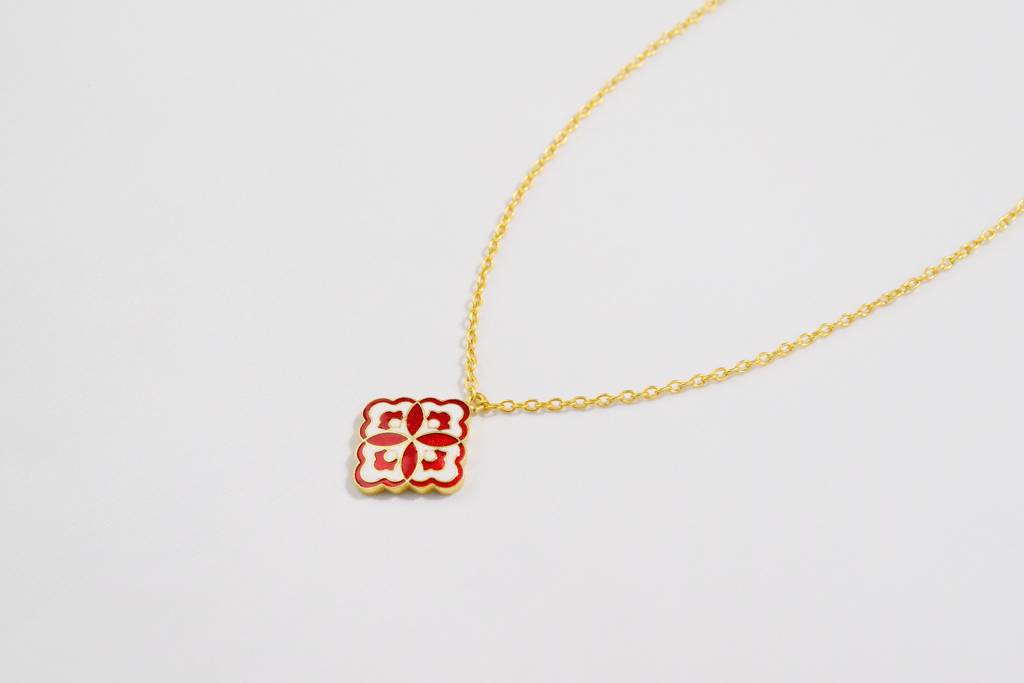 22Kt Gold Plated White and Red Enamel Blossom Necklace