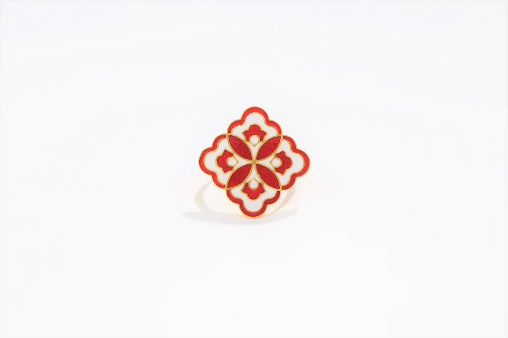 22Kt Gold Plated White and Red Enamel Adjustable Blossom Ring