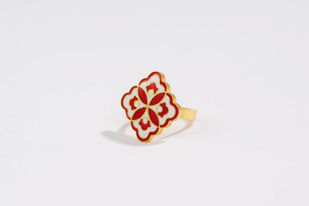 22Kt Gold Plated White and Red Enamel Adjustable Blossom Ring