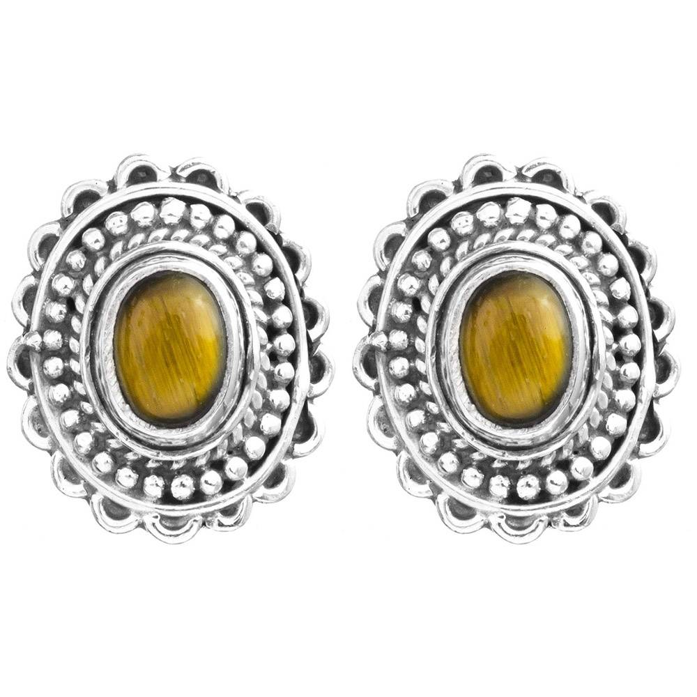 Sterling Silver Flower Post Earrings Hydro : LBT48--tigereye