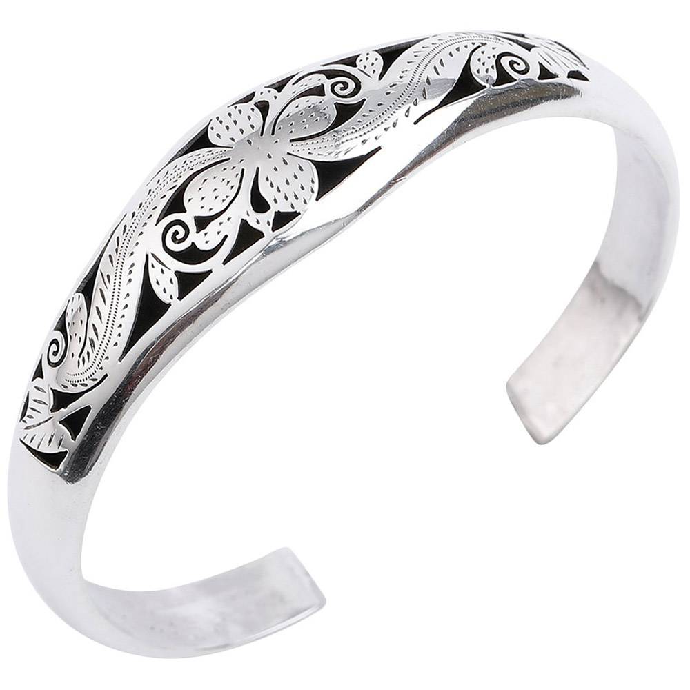 Sterling Silver Cuff Bracelet With Beautifully Engraved Floral Design From Nepal (Adjustable Size) : LCG71