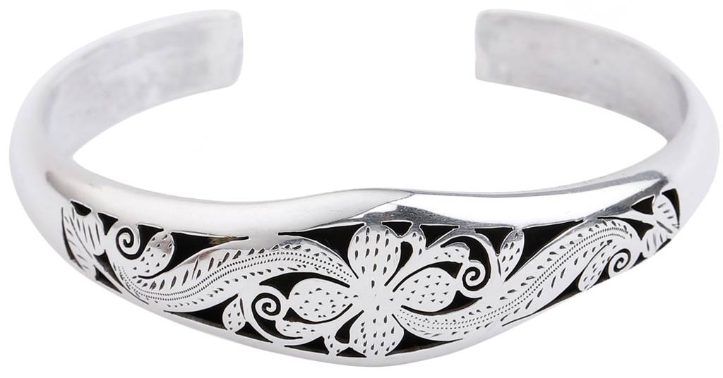 Sterling Silver Cuff Bracelet With Beautifully Engraved Floral Design From Nepal (Adjustable Size) : LCG71