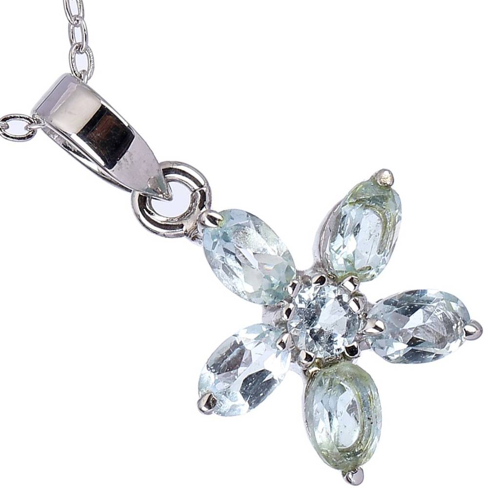 Sterling Silver Floral Pendant With Round Cut Gemstone : LCI62--bluetopaz