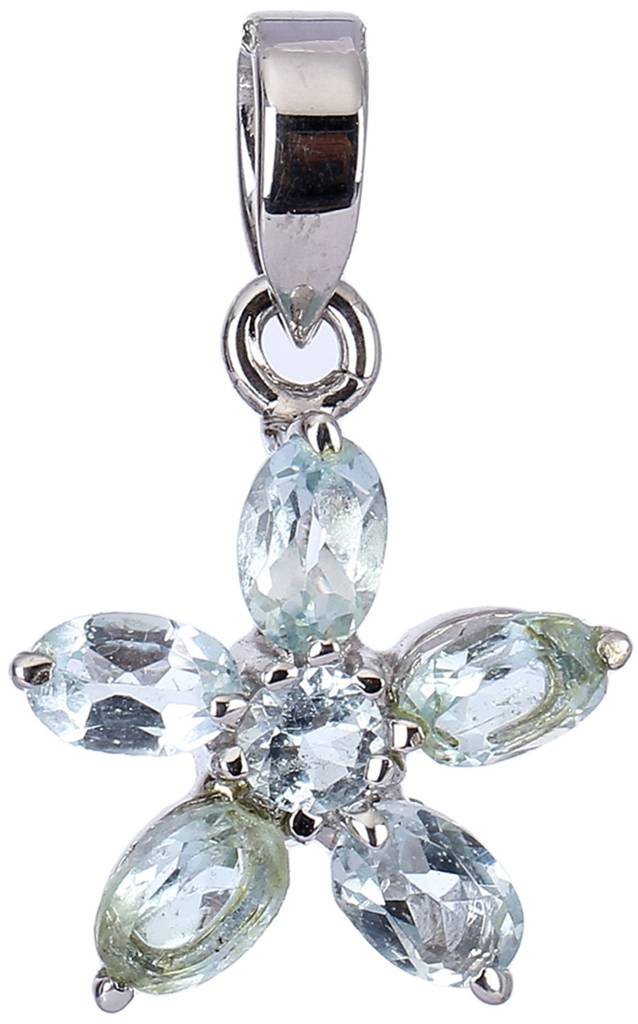 Sterling Silver Floral Pendant With Round Cut Gemstone : LCI62--bluetopaz