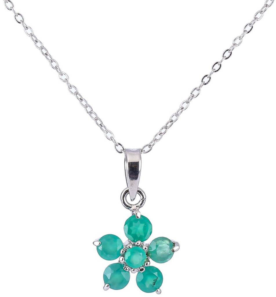 Sterling Silver Floral Pendant With Round Cut Gemstone : LCI62--greenonyx