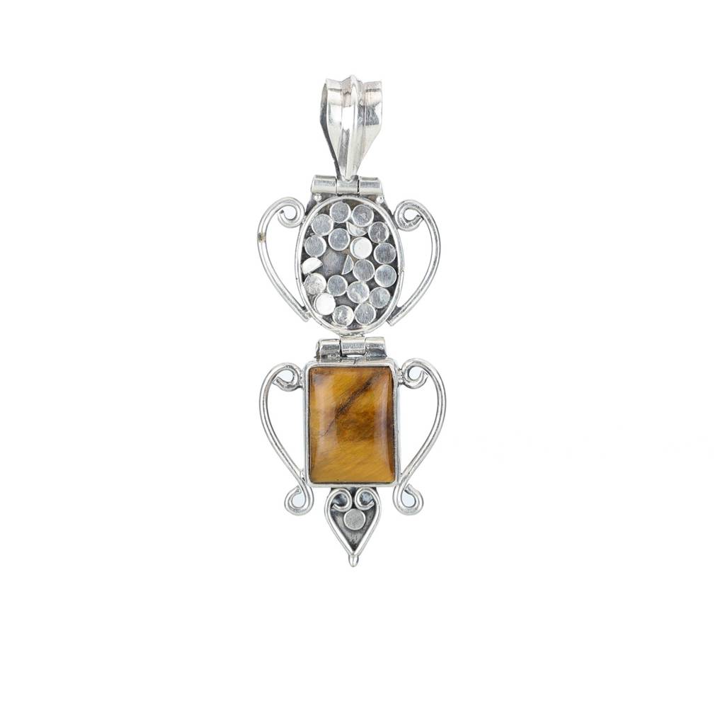 Sterling Silver Long Pendant With A Rectangular Tiger-Eye Stone : LCL22