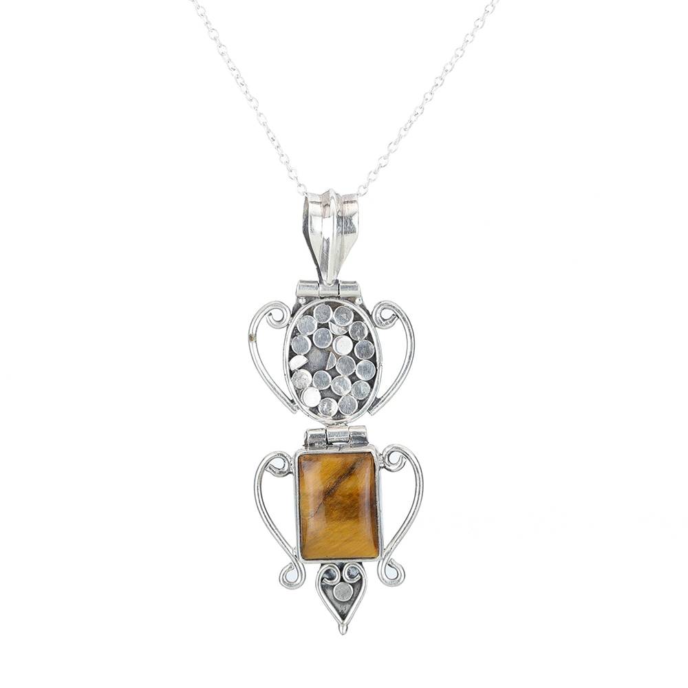 Sterling Silver Long Pendant With A Rectangular Tiger-Eye Stone : LCL22