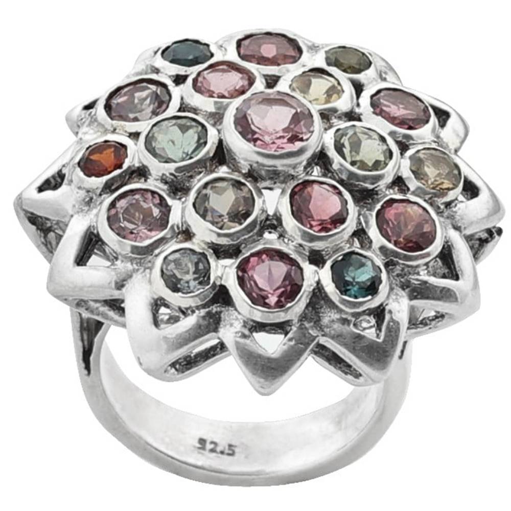 Sterling Silver Floral Designer Ring With Multi Colored Tourmaline Stone : LCN58-75