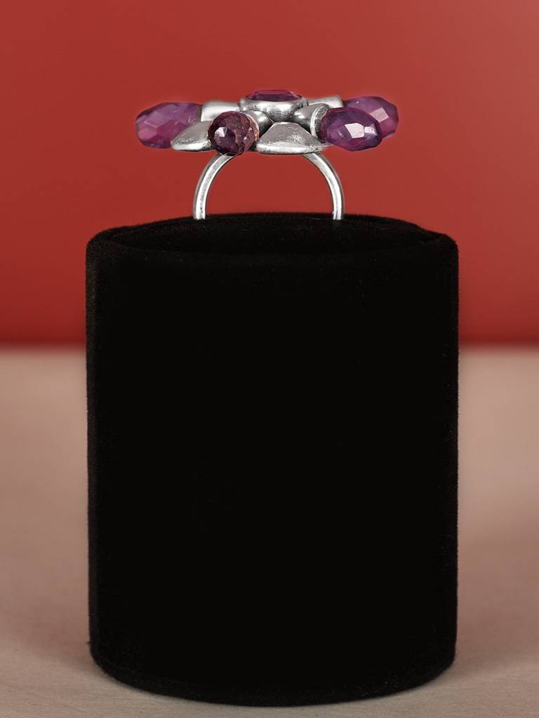 Stylish Floral Design Sterling Silver Ring With Amethyst Gemstone : LDA425-75-Amethyst