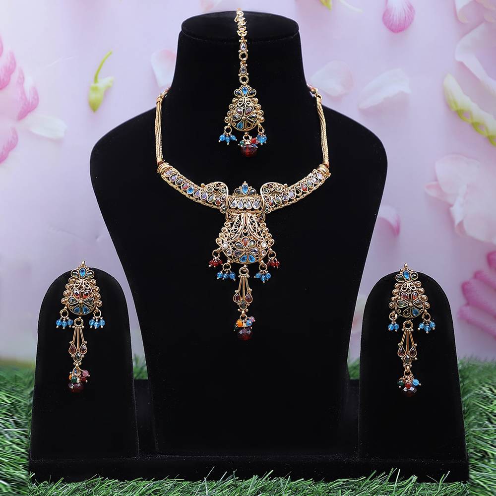 Metal With Multi Stone Fashion Necklace | Indian Gemstone Jewelry : LDA906