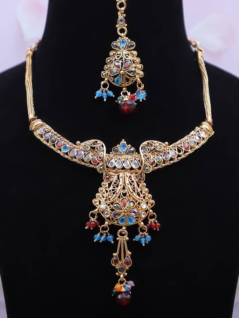 Metal With Multi Stone Fashion Necklace | Indian Gemstone Jewelry : LDA906