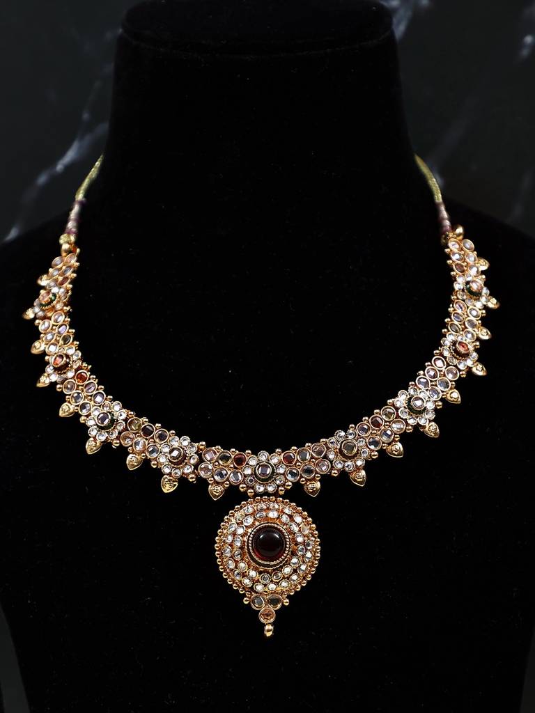 Designer Metal Necklace And Earring Set With Studded Stone : LDA917