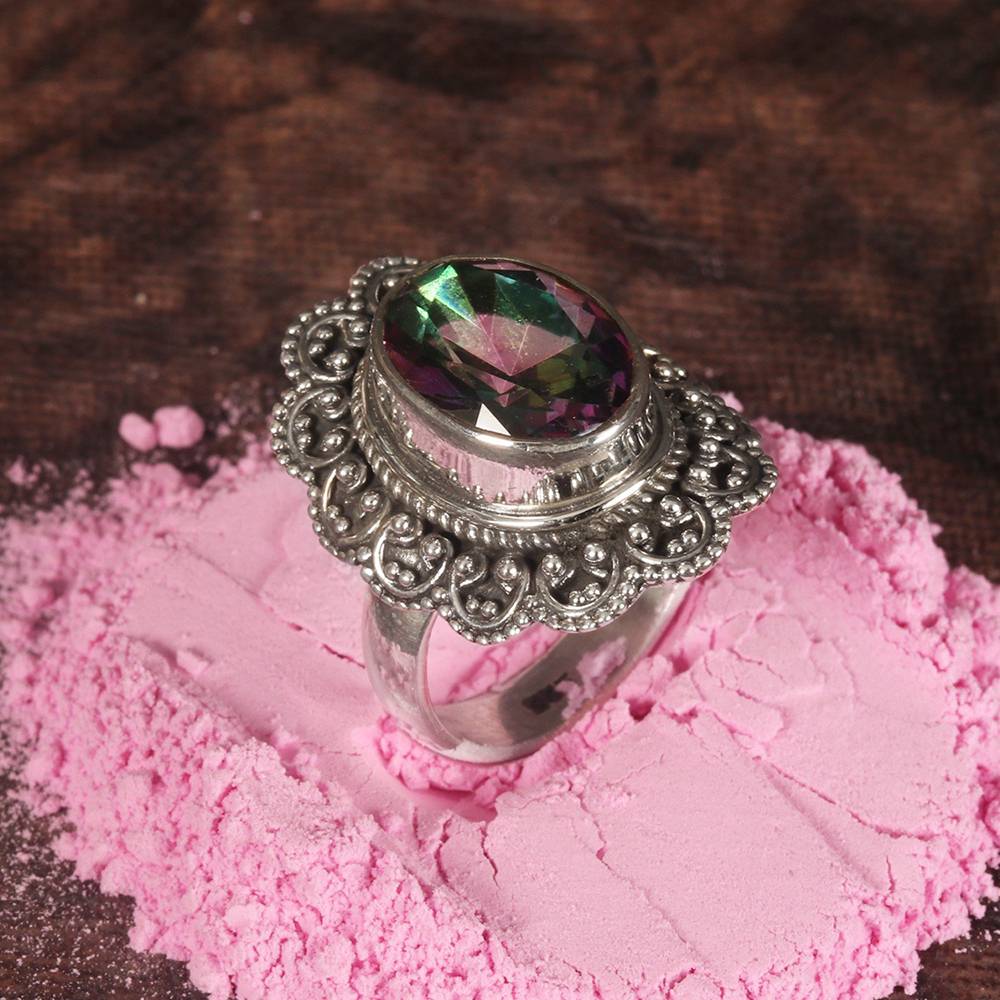 Sterling Silver Ring With Flower-Shaped Mystic Topaz : LDB322-9