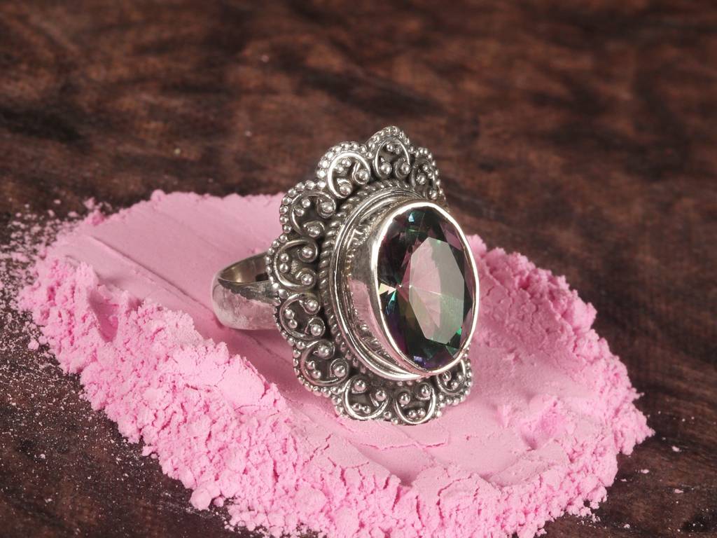 Sterling Silver Ring With Flower-Shaped Mystic Topaz : LDB322-9