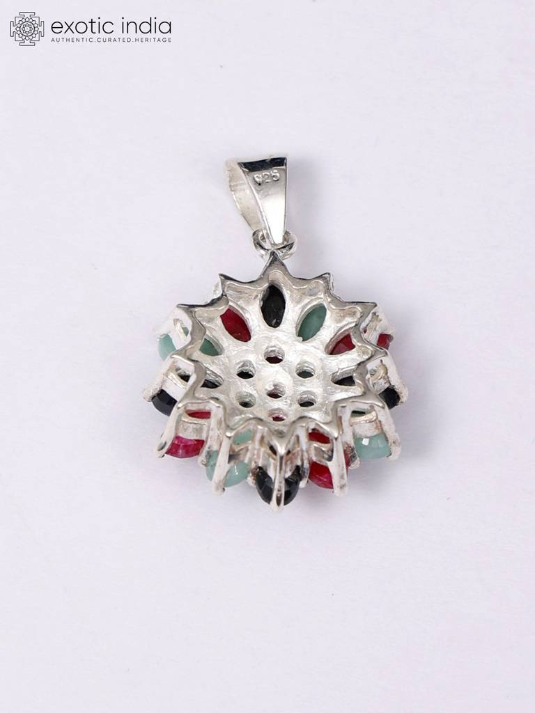 Tri-Color Sterling Silver Floral Pendant With Sapphire, Ruby And Emerald : LDD071