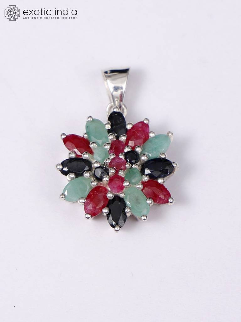 Tri-Color Sterling Silver Floral Pendant With Sapphire, Ruby And Emerald : LDD071