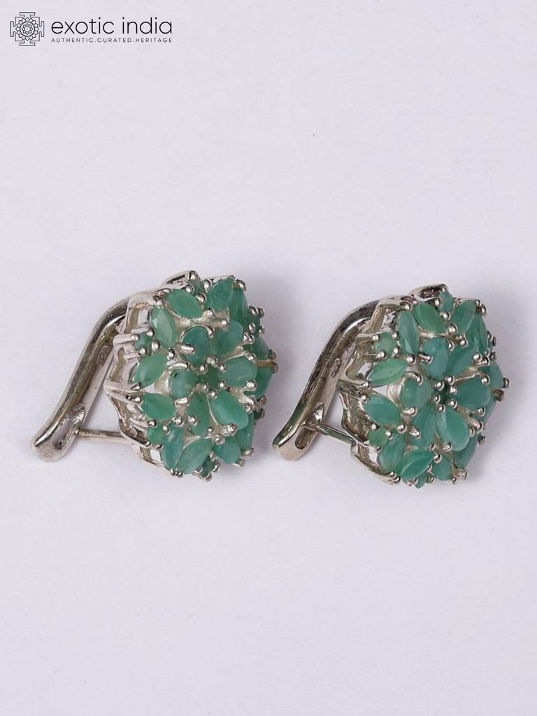 Floral Sterling Silver Earrings With Faceted Emerald : LDD073