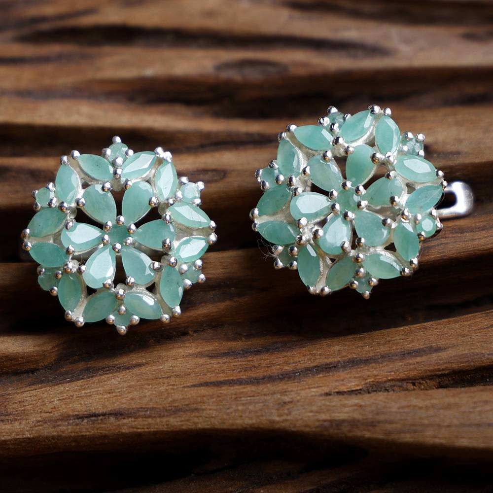 Floral Sterling Silver Earrings With Faceted Emerald : LDD073