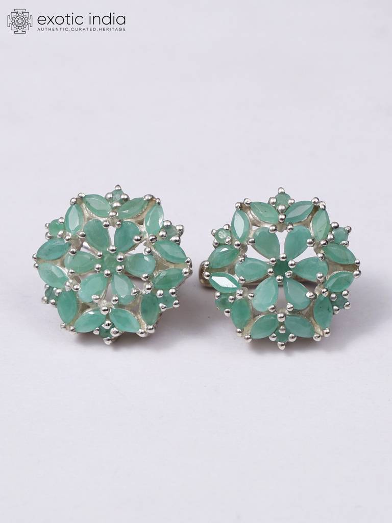 Floral Sterling Silver Earrings With Faceted Emerald : LDD073