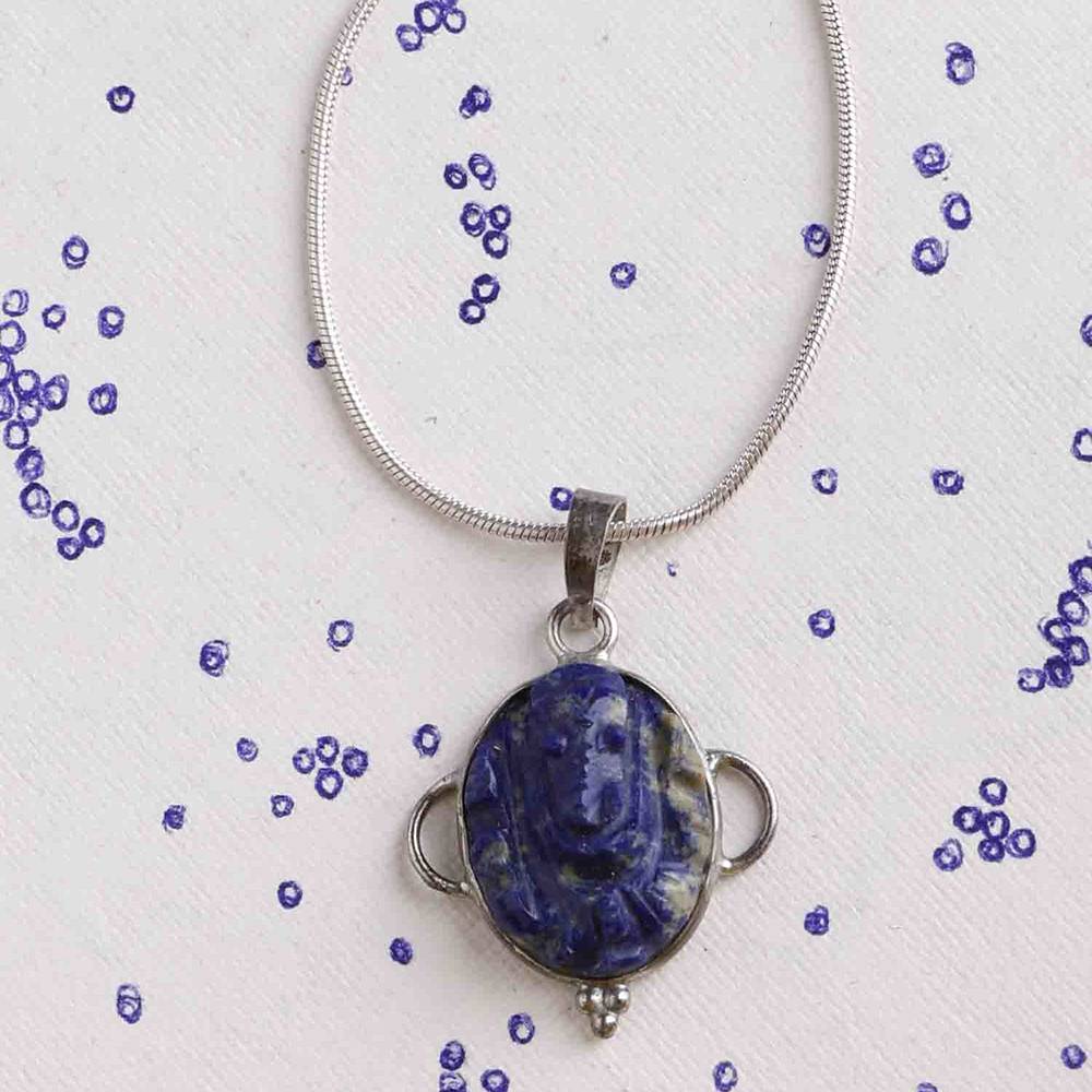 Lord Ganesha Pendant With Lapis Lazuli Gemstone & Sterling Silver : LDD101