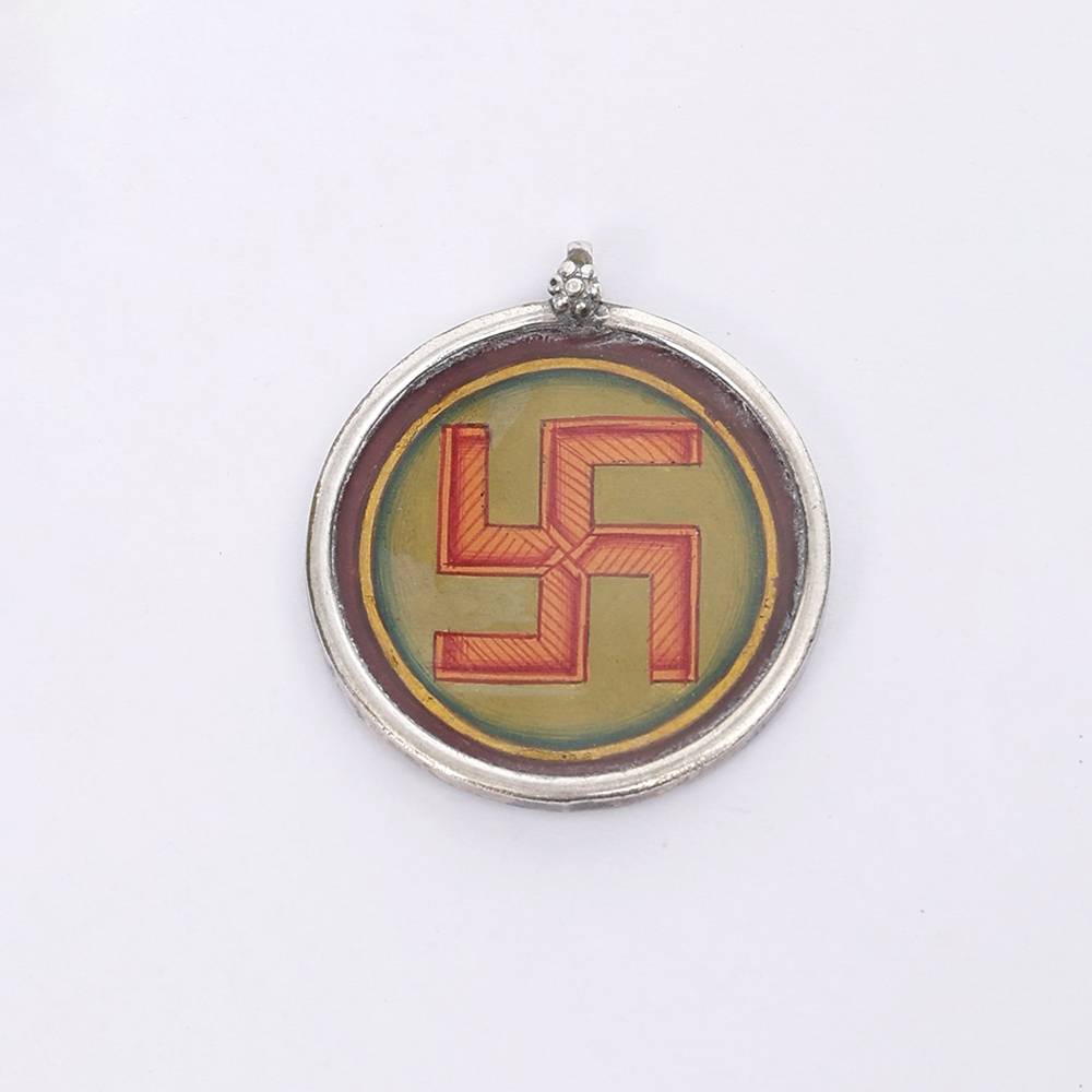 Hand-Painted Sterling Silver Pendant Of Ancient Hindu Swastika : LDD120
