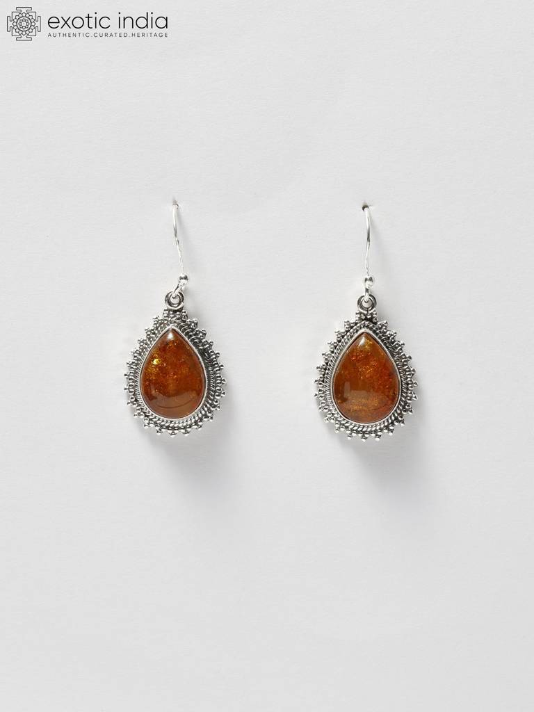 Teardrop Shaped Cabochon Amber Gemstone Earrings : LDD276