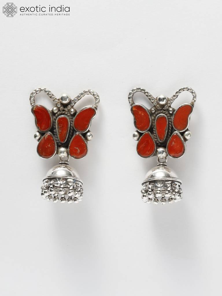 Butterfly Design Sterling Silver Jhumki Earrings With Coral Gemstone : LDD310