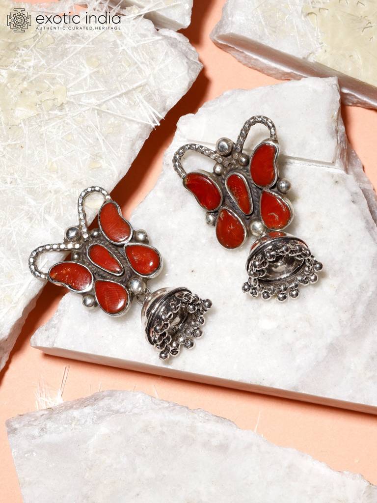 Butterfly Design Sterling Silver Jhumki Earrings With Coral Gemstone : LDD310