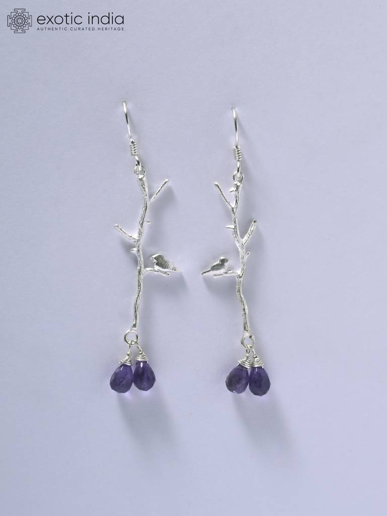 Birds On Tree Branch Earrings With Faceted Amethyst Gemstone : LDD312