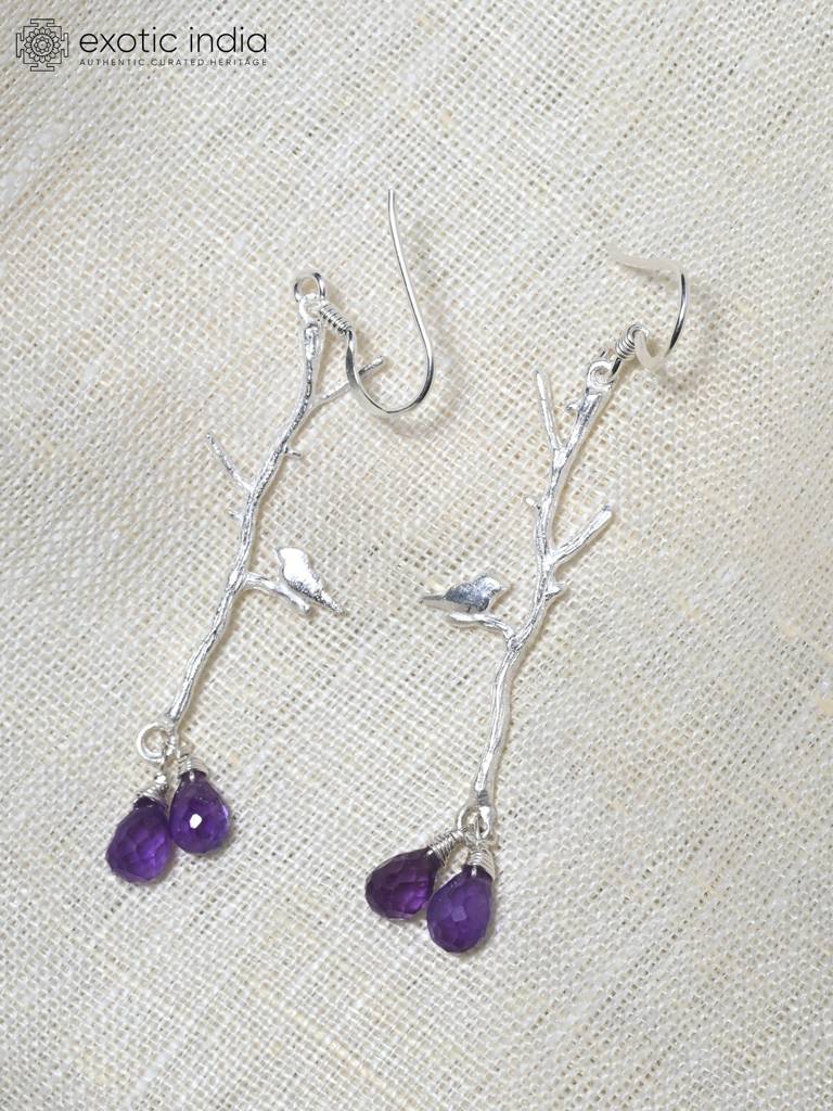 Birds On Tree Branch Earrings With Faceted Amethyst Gemstone : LDD312