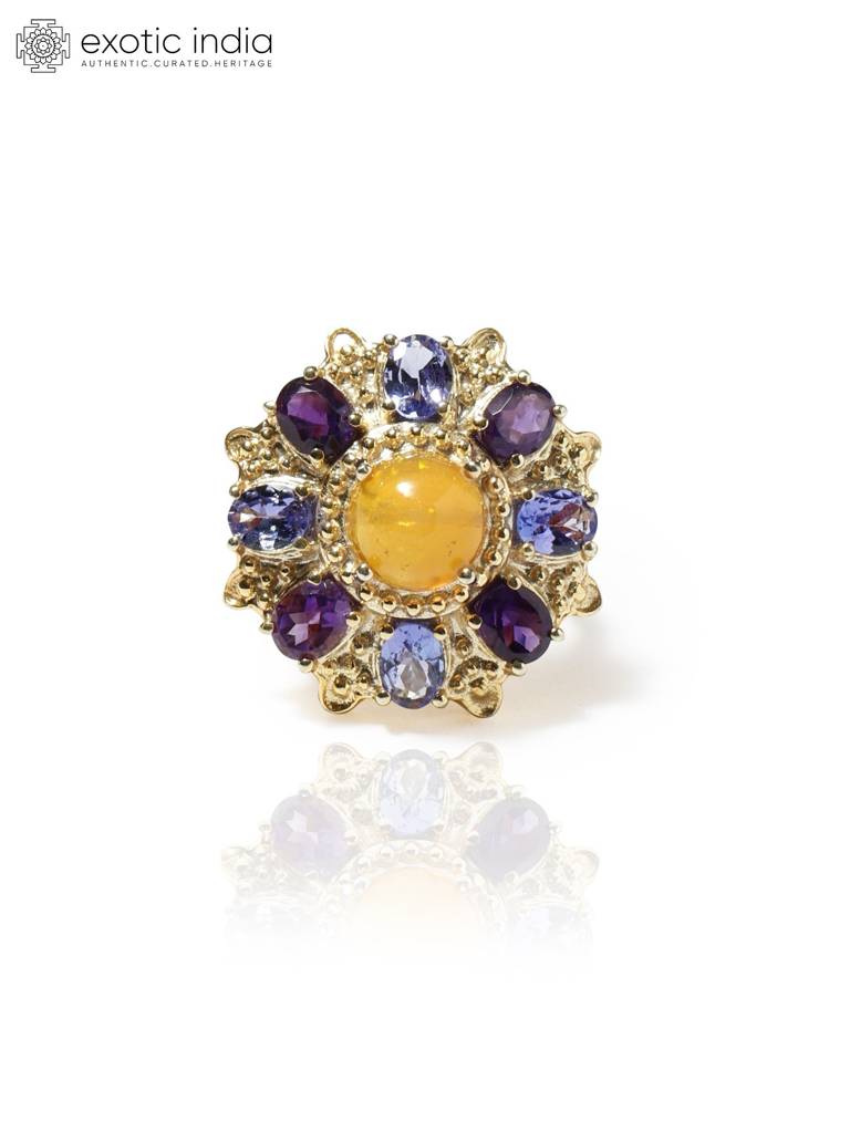 Floral Design Sterling Silver Ring And Tanzanite , Amethyst With Opal In Center : LDD325-55