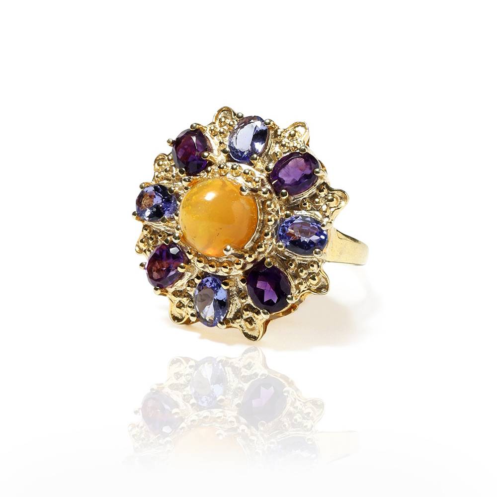 Floral Design Sterling Silver Ring And Tanzanite , Amethyst With Opal In Center : LDD325-55
